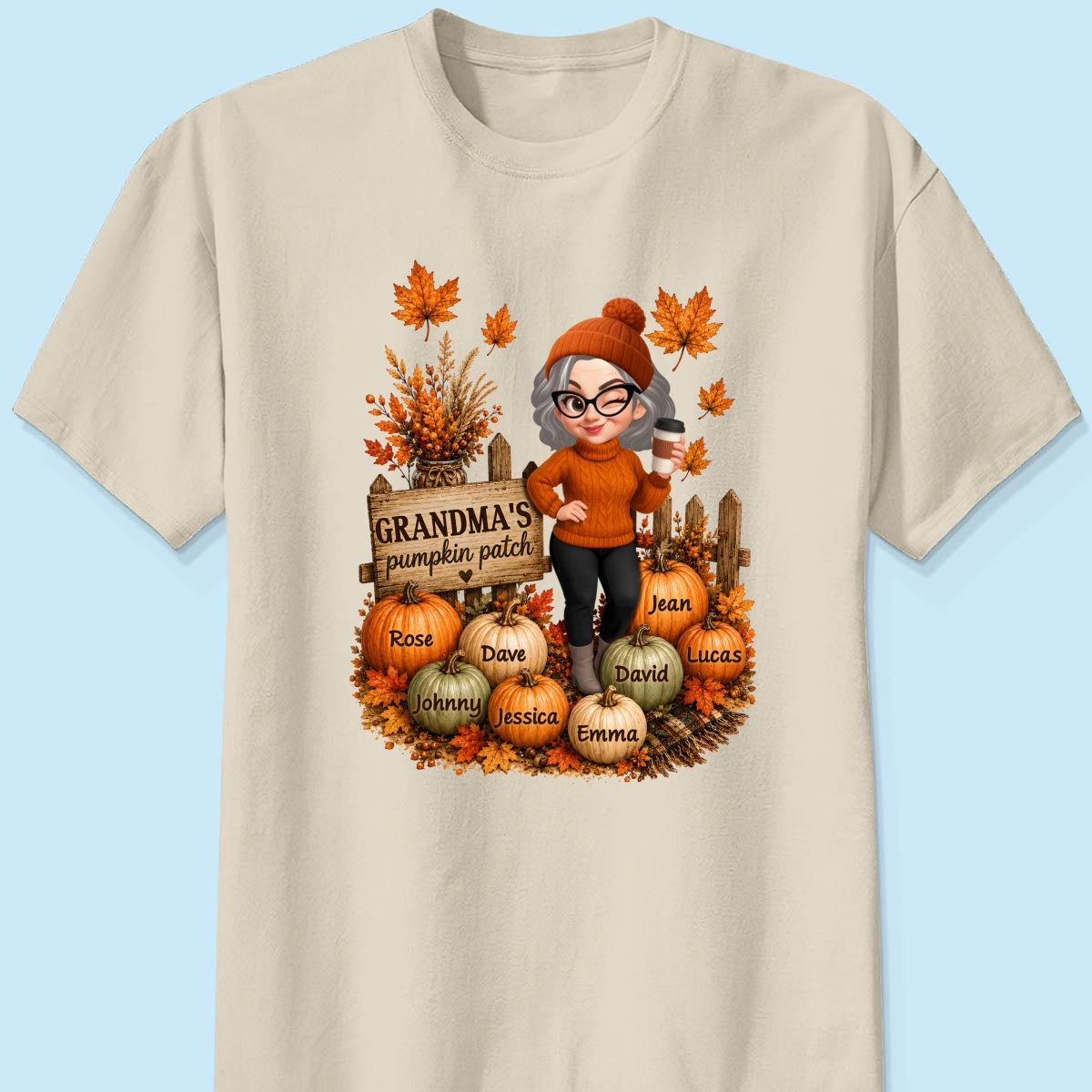 Hello Fall Grandma's Pumpkin Patch - Personalized Shirt - Trendy Fall Tee for Grandma