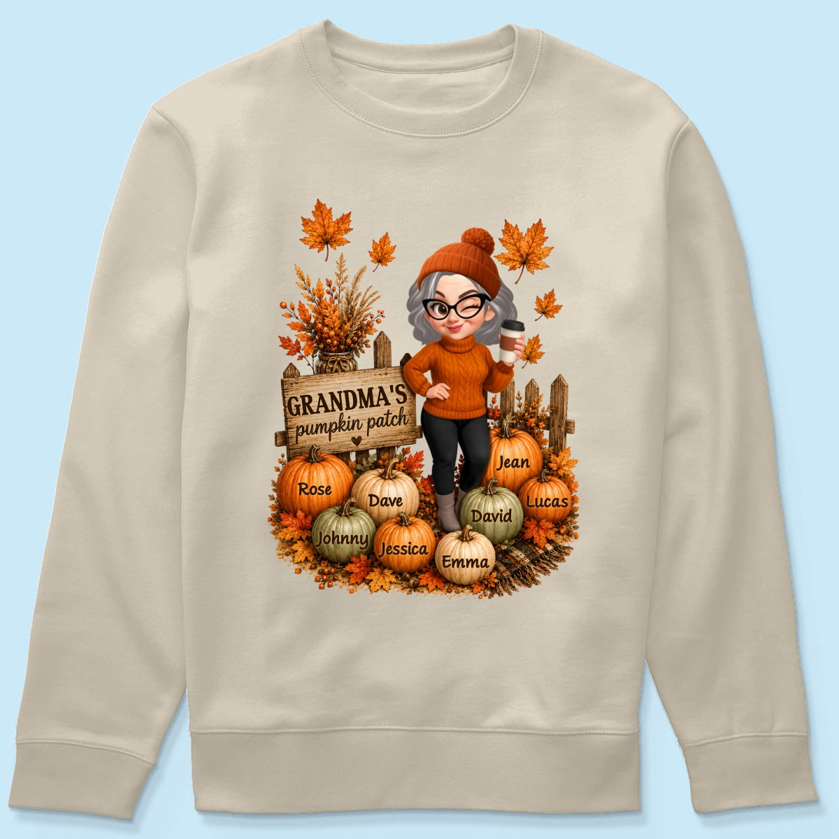 Hello Fall Grandma's Pumpkin Patch - Personalized Shirt - Trendy Fall Tee for Grandma