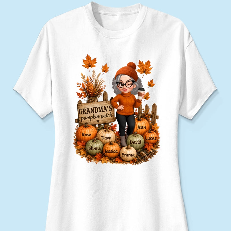 Hello Fall Grandma's Pumpkin Patch - Personalized Shirt - Trendy Fall Tee for Grandma