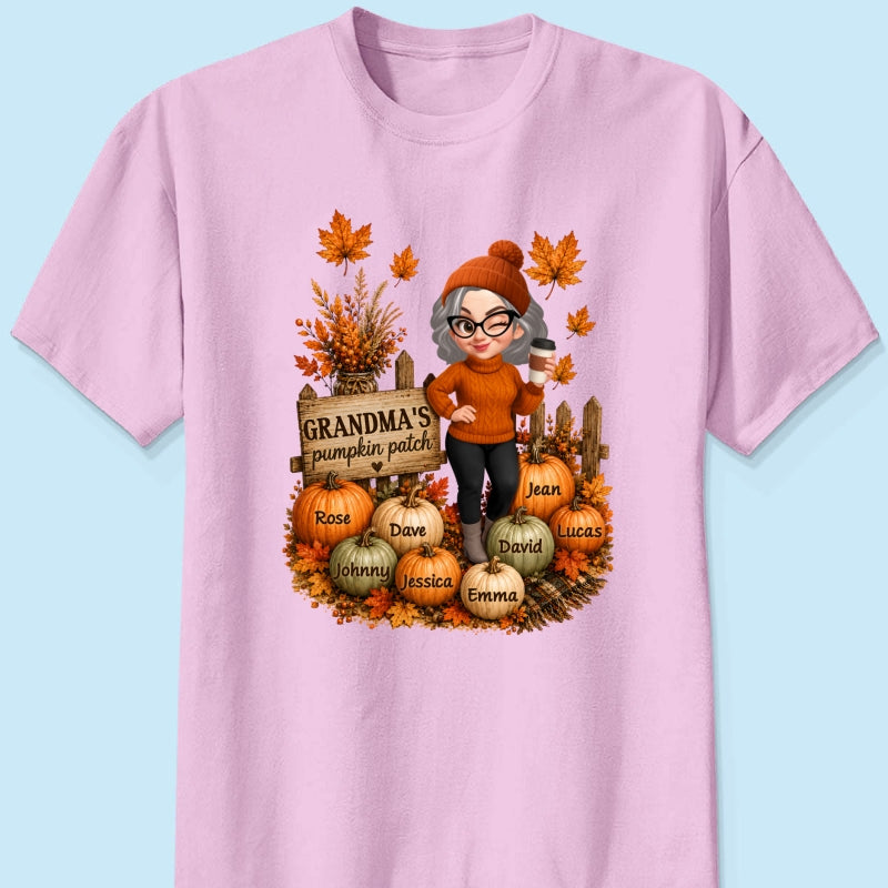 Hello Fall Grandma's Pumpkin Patch - Personalized Shirt - Trendy Fall Tee for Grandma