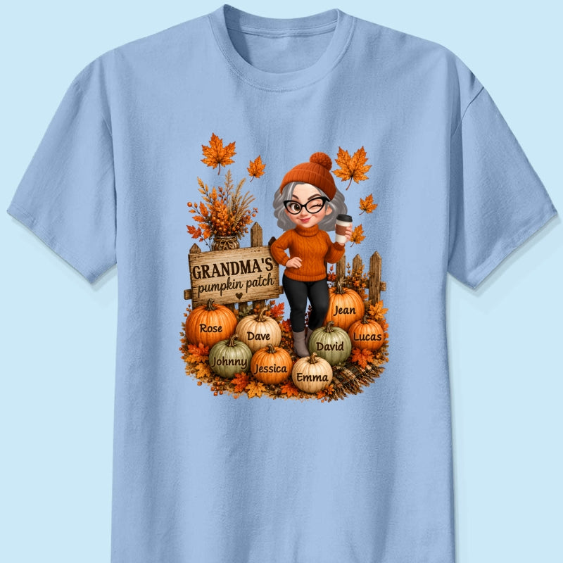 Hello Fall Grandma's Pumpkin Patch - Personalized Shirt - Trendy Fall Tee for Grandma