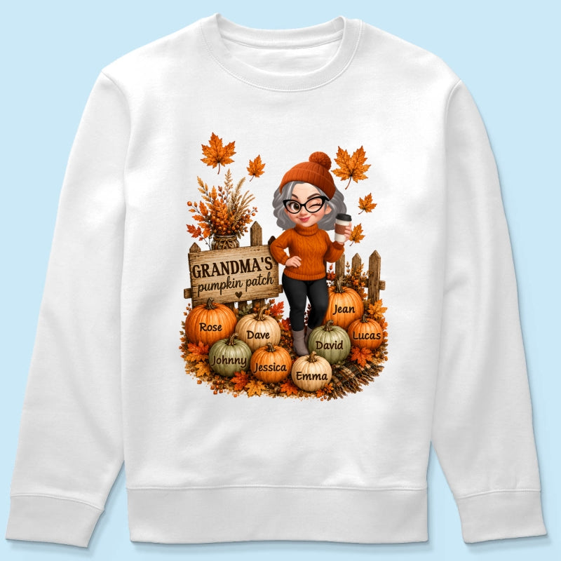 Hello Fall Grandma's Pumpkin Patch - Personalized Shirt - Trendy Fall Tee for Grandma