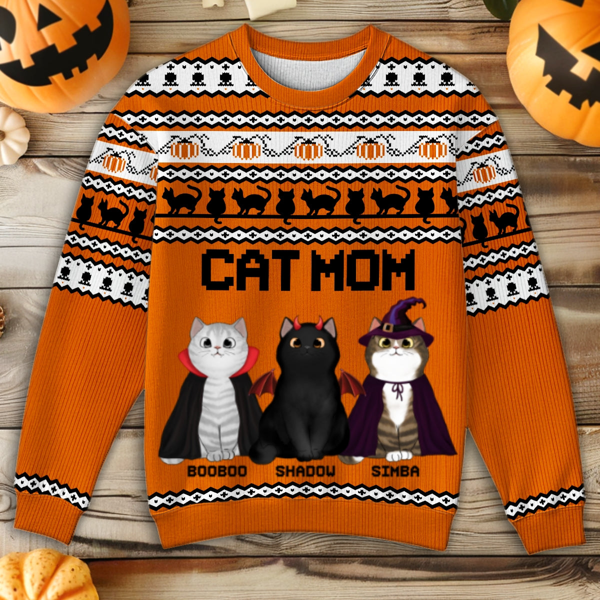 Halloween Fall Cozy Vibe Cat Mom Pattern Personalized Sweatshirt, Unique Gift For Cat Mom