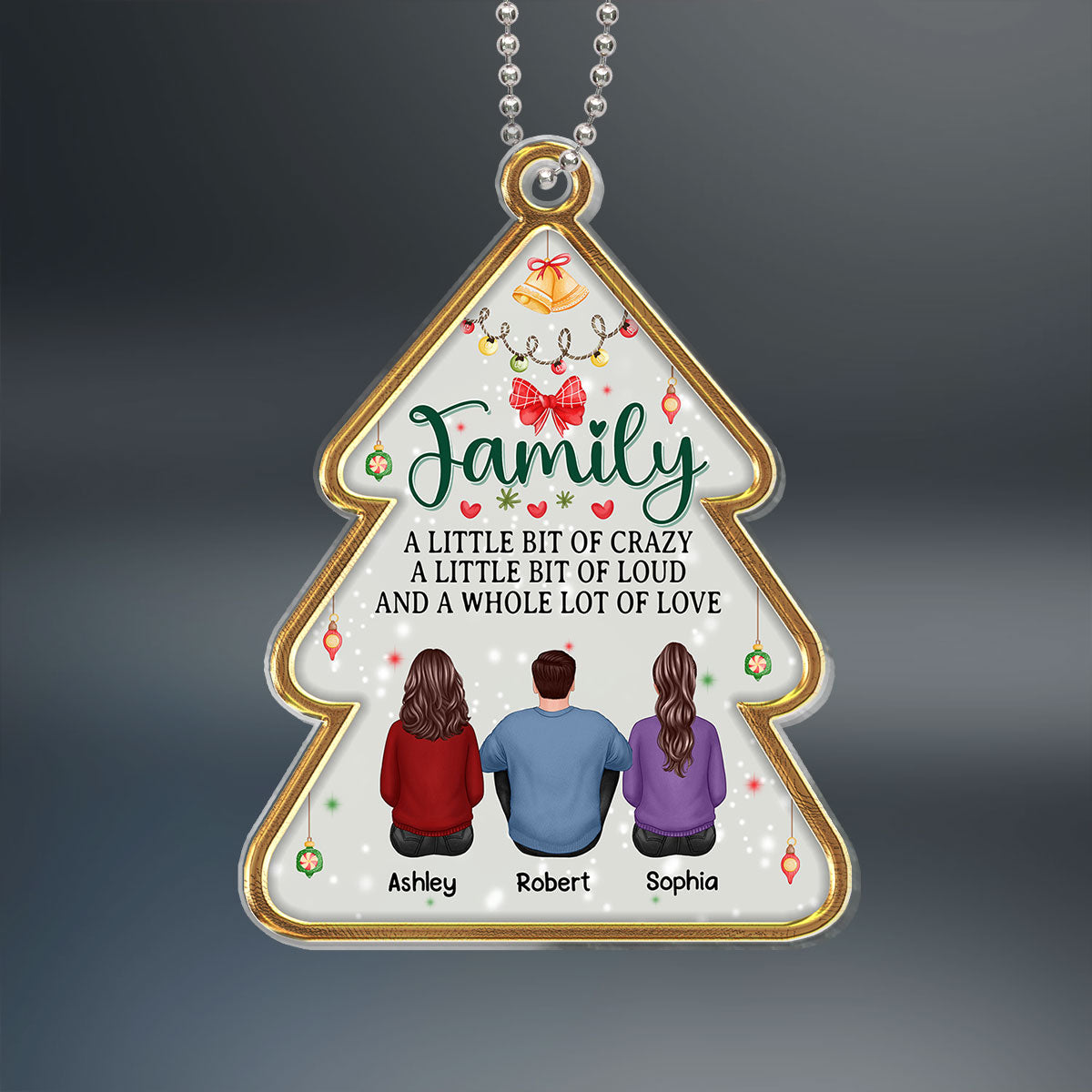 Family Sitting Back View Christmas Tree Shaped Personalized Acrylic Ornament