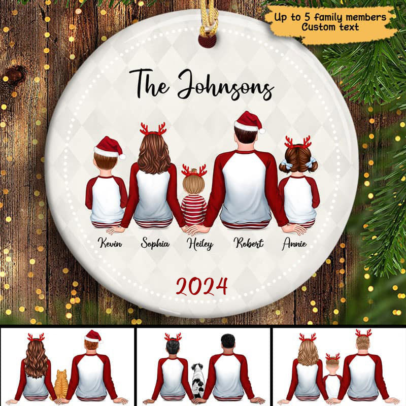 Family Couple Kid Dog Cat Back View Personalized Circle Ornament