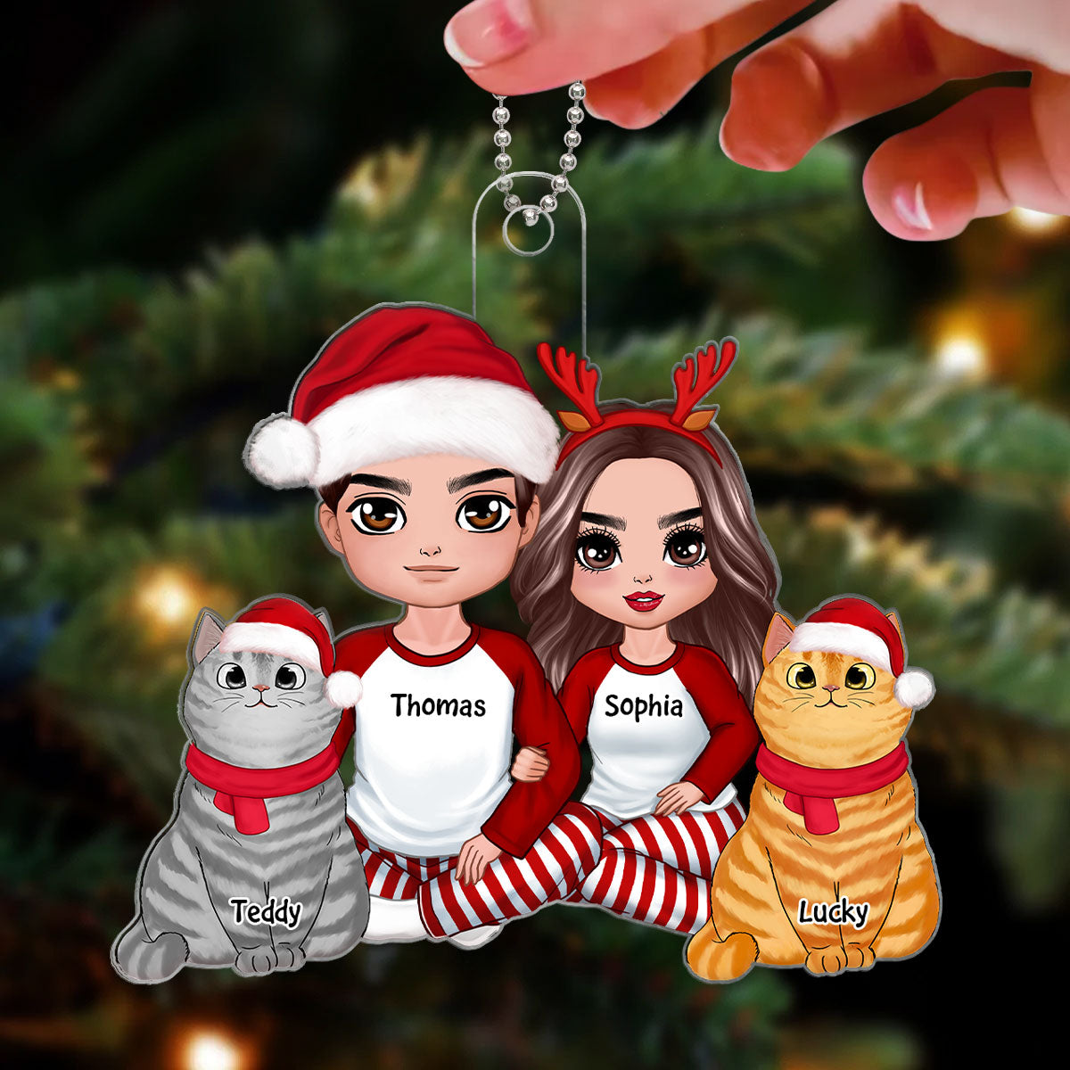 Doll Couple Sitting With Cat Christmas Personalized Acrylic Ornament