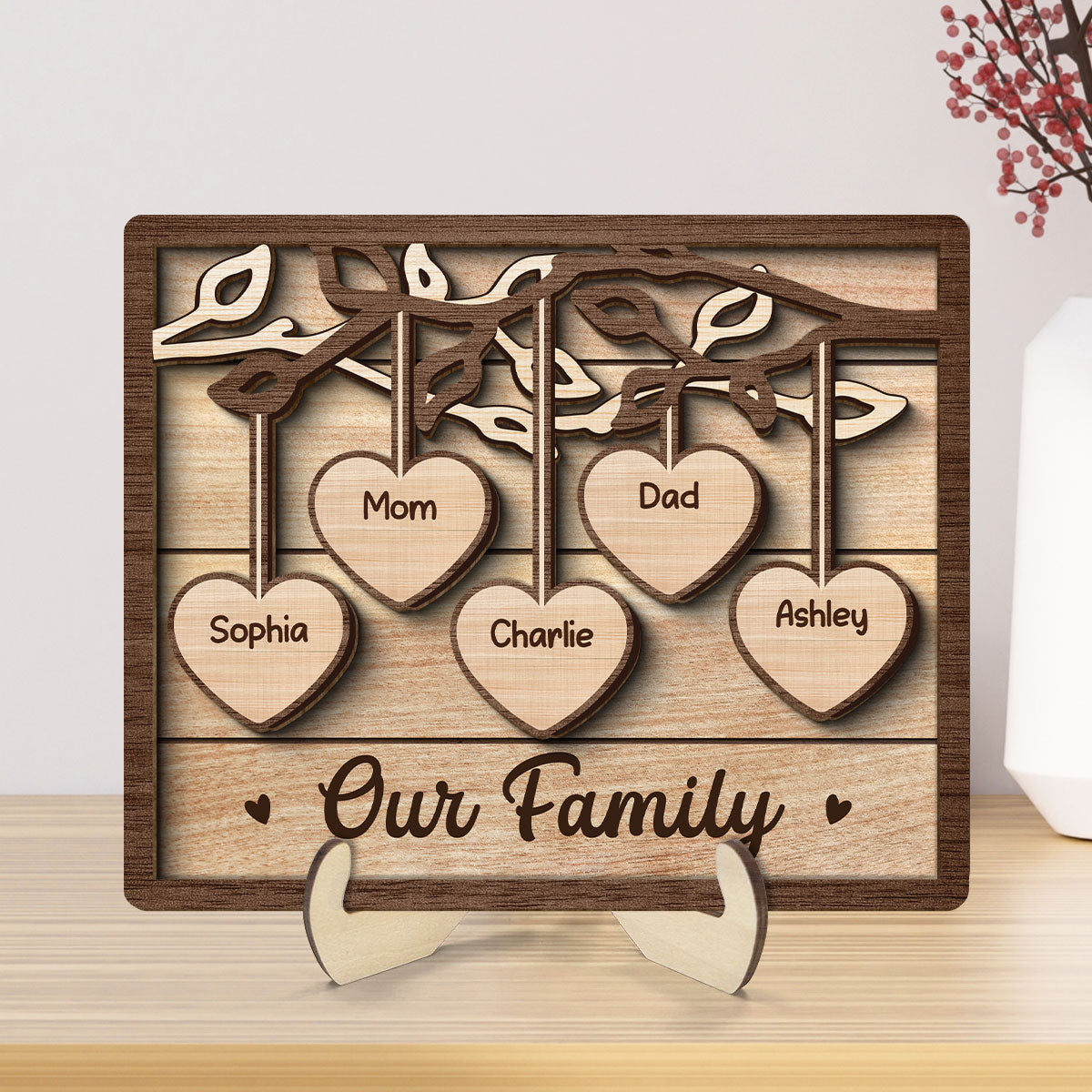 Family Tree Sign Grandkids Names Hanging Hearts Home Decor Personalized 2-Layer Wooden Plaque