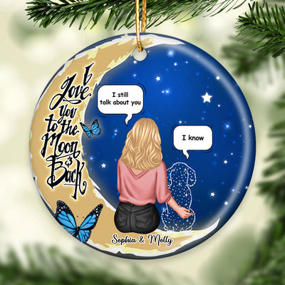 Dog Memorial Sitting On Moon Personalized Circle Ceramic Ornament