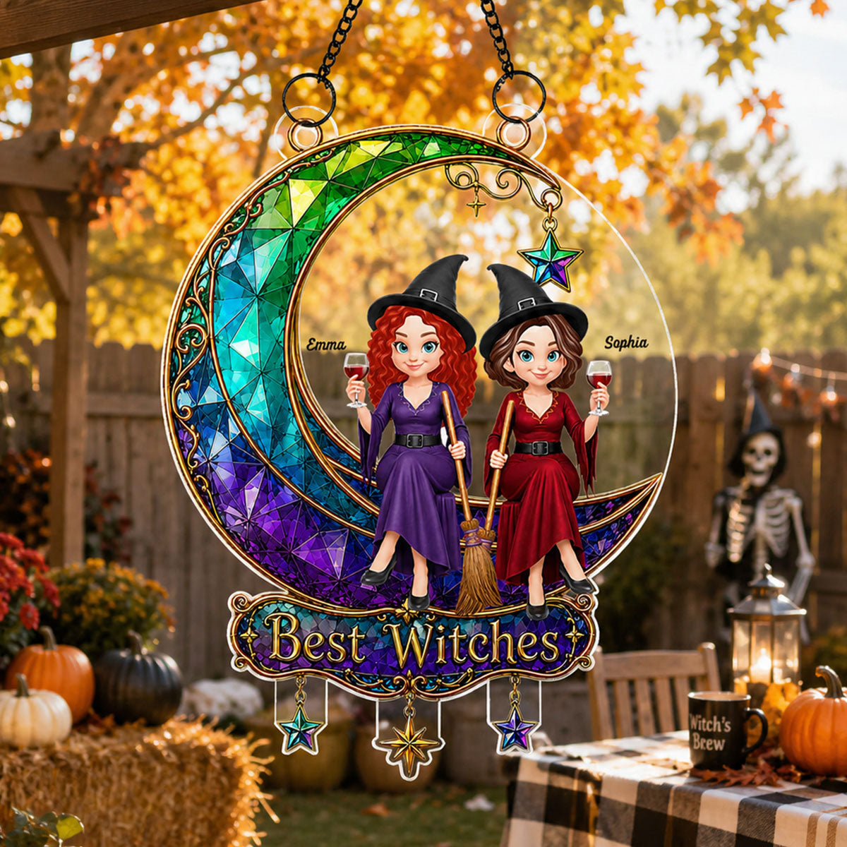Beautiful Witches Sitting On Moon - Personalized Acrylic Window Hanging - Halloween Decoration For Besties, Girls