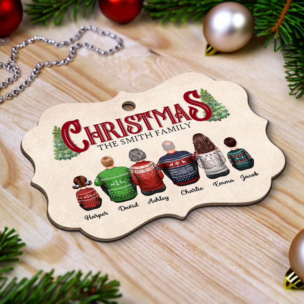 Rustic Family Sitting Together Personalized Wooden Ornament, Christmas Decor, Gift For Families