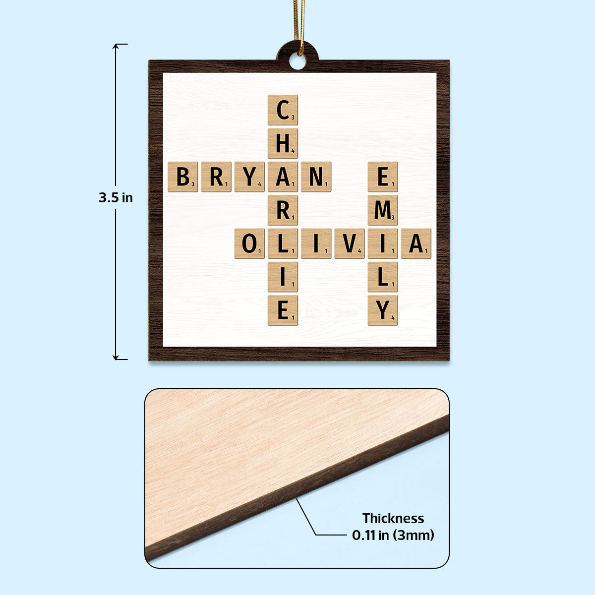 Animated Family Crossword Puzzle Art Personalized Double Sided Wooden Ornament