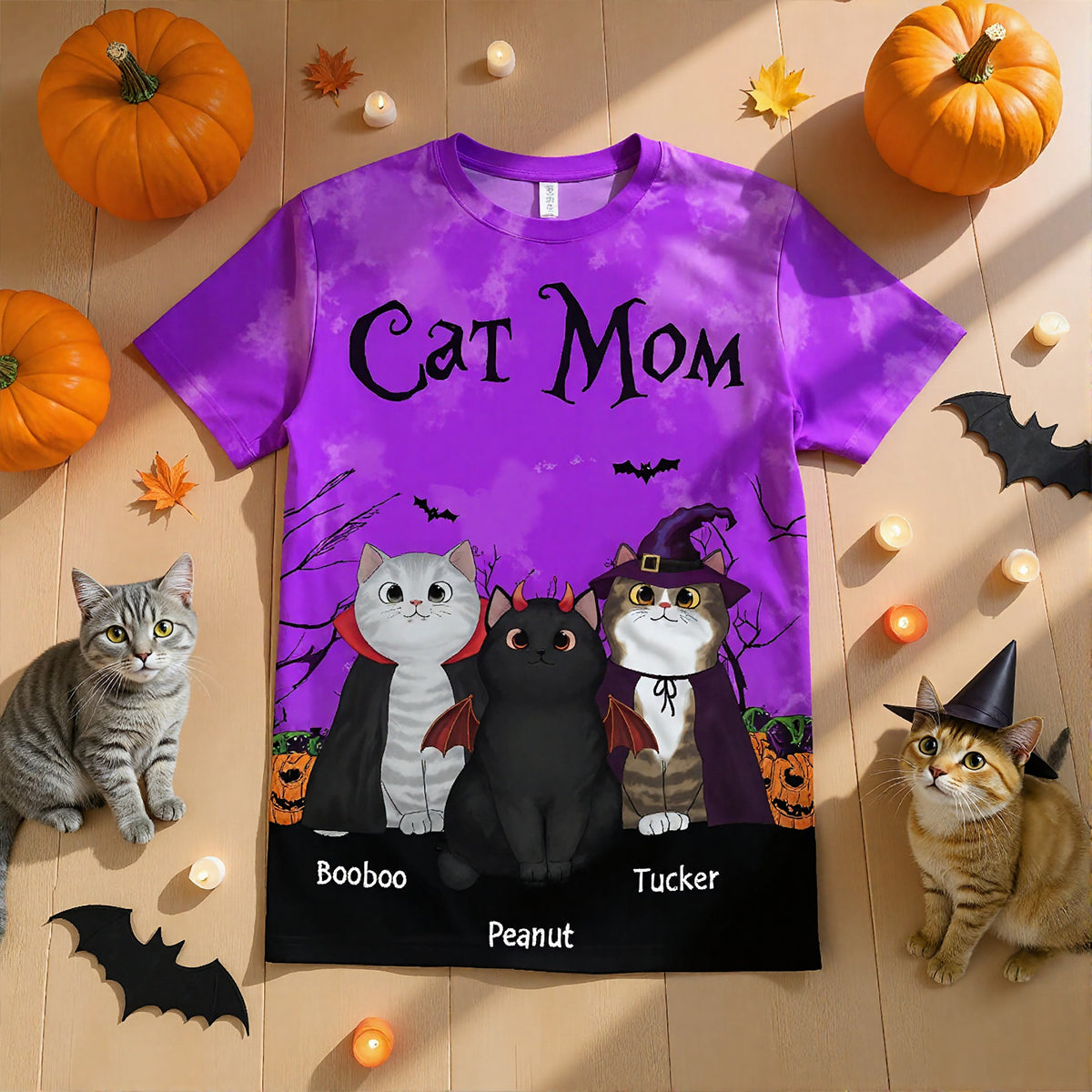 Cat Mom Halloween Moon Light Bat Tree Witchy Theme Personalized Shirt, Purrfect Costume for Cat Lover