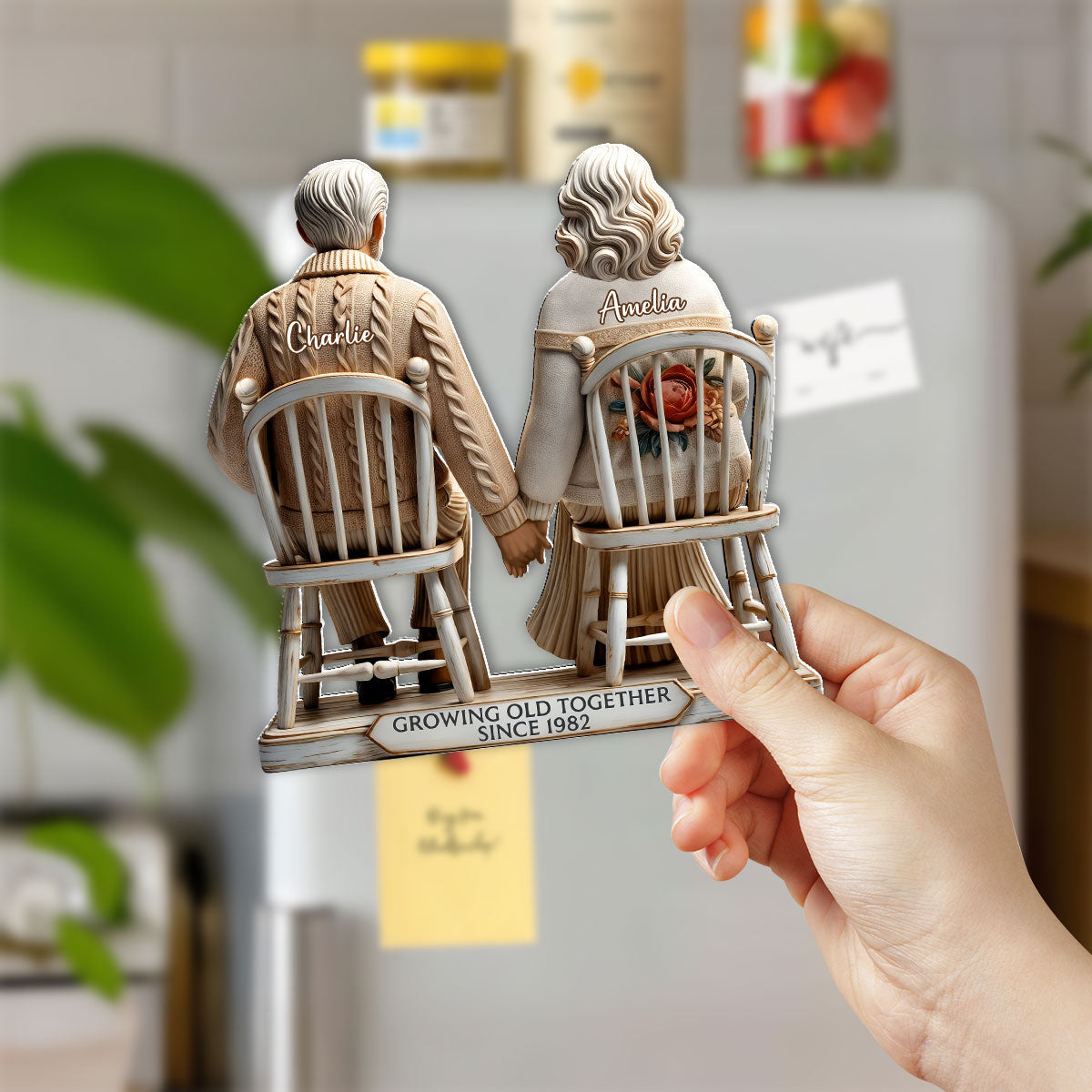 3D Effect Old Couple Sitting Together Personalized Acrylic Fridge Magnet, Heartfelt Gift For Couple, For Him, For Her, Husband, Wife
