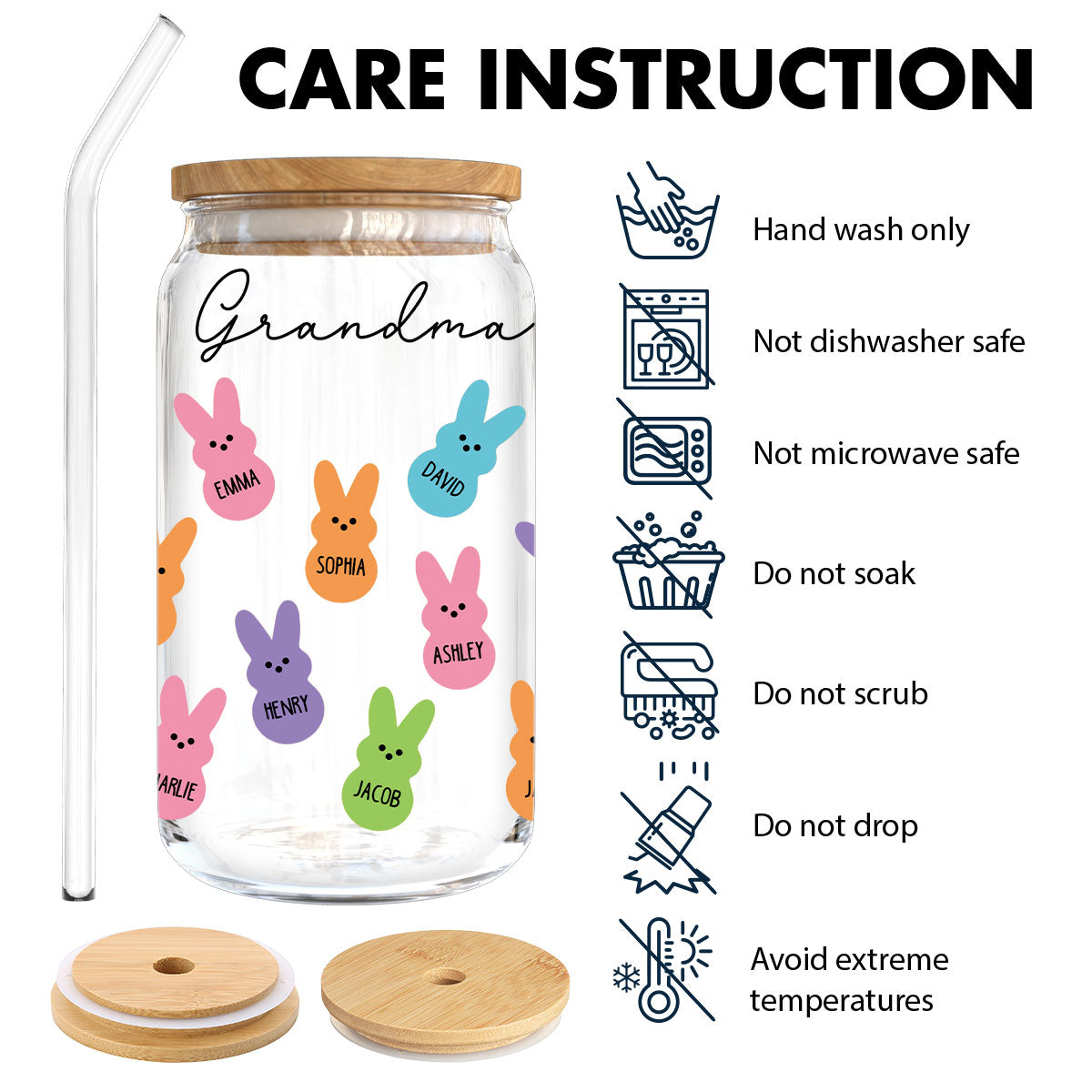 Grandma Mom Auntie Bunnies Easter Gift Personalized Clear Glass Can