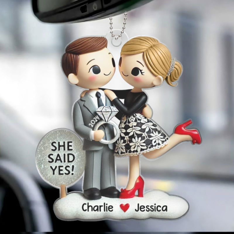 Couple Engagement Ornament She Said Yes, Personalized 2D Flat Acrylic Car Hanger Ornament,  Gift for him, Gift for her