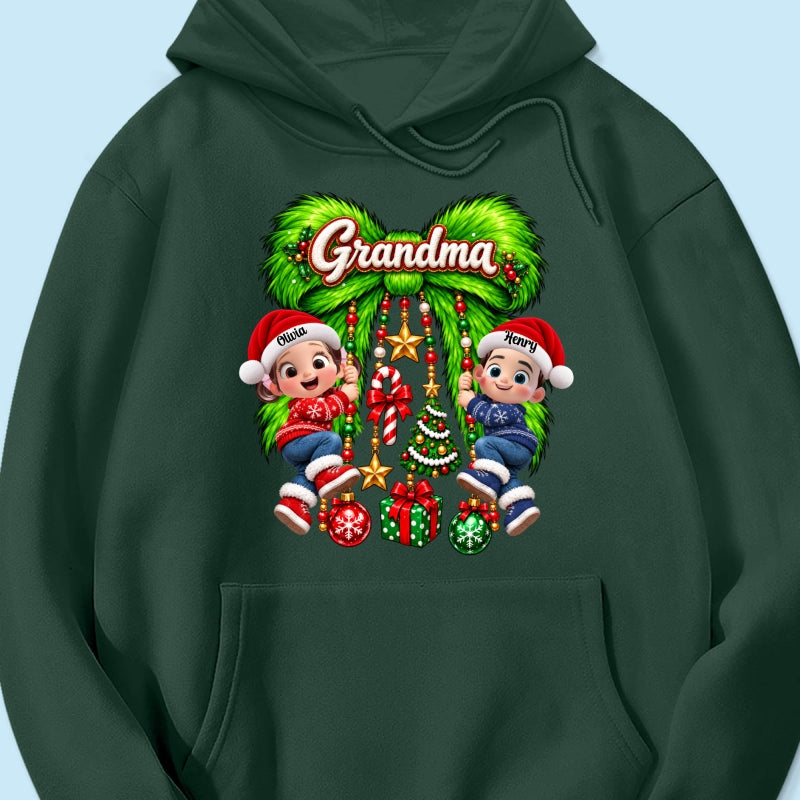 Cute Grandkids Green Bow Charm - Personalized Shirt - Trendy Christmas Tee for Grandma, Christmas Gift for Mom, Wife