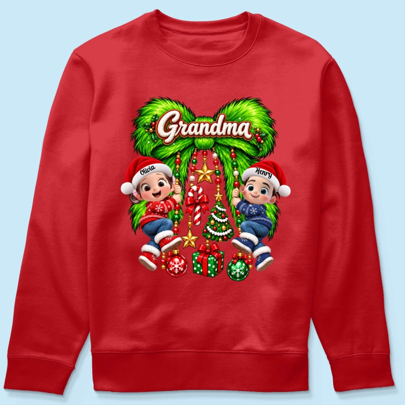 Cute Grandkids Green Bow Charm - Personalized Shirt - Trendy Christmas Tee for Grandma, Christmas Gift for Mom, Wife