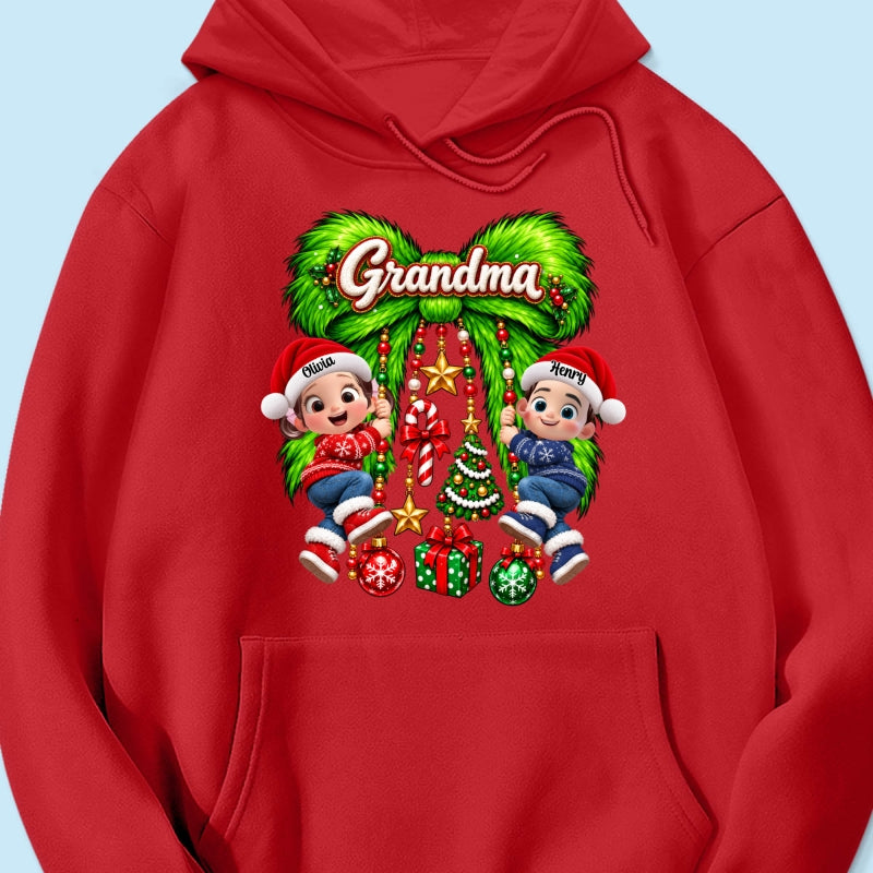 Cute Grandkids Green Bow Charm - Personalized Shirt - Trendy Christmas Tee for Grandma, Christmas Gift for Mom, Wife