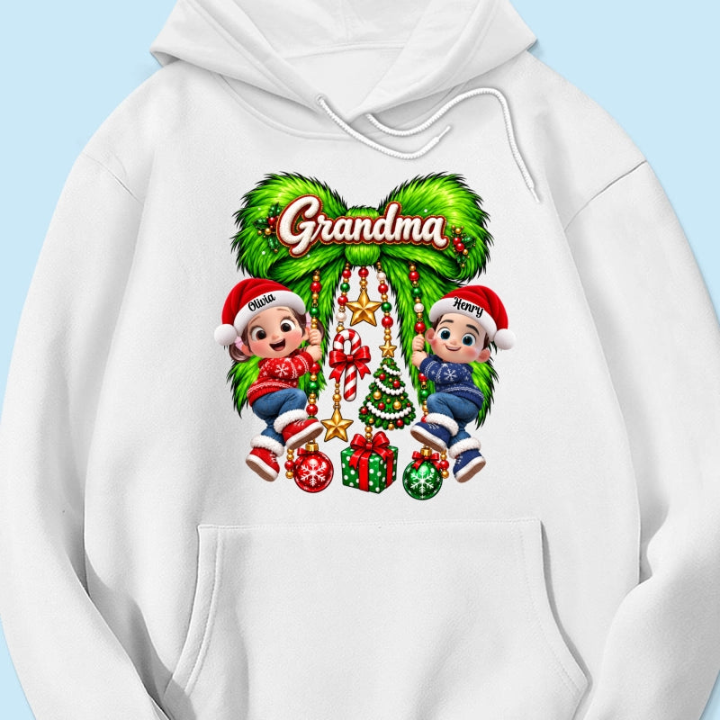 Cute Grandkids Green Bow Charm - Personalized Shirt - Trendy Christmas Tee for Grandma, Christmas Gift for Mom, Wife