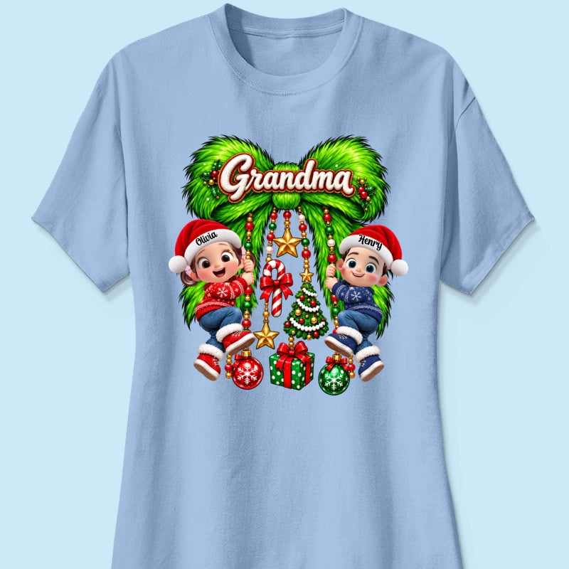 Cute Grandkids Green Bow Charm - Personalized Shirt - Trendy Christmas Tee for Grandma, Christmas Gift for Mom, Wife
