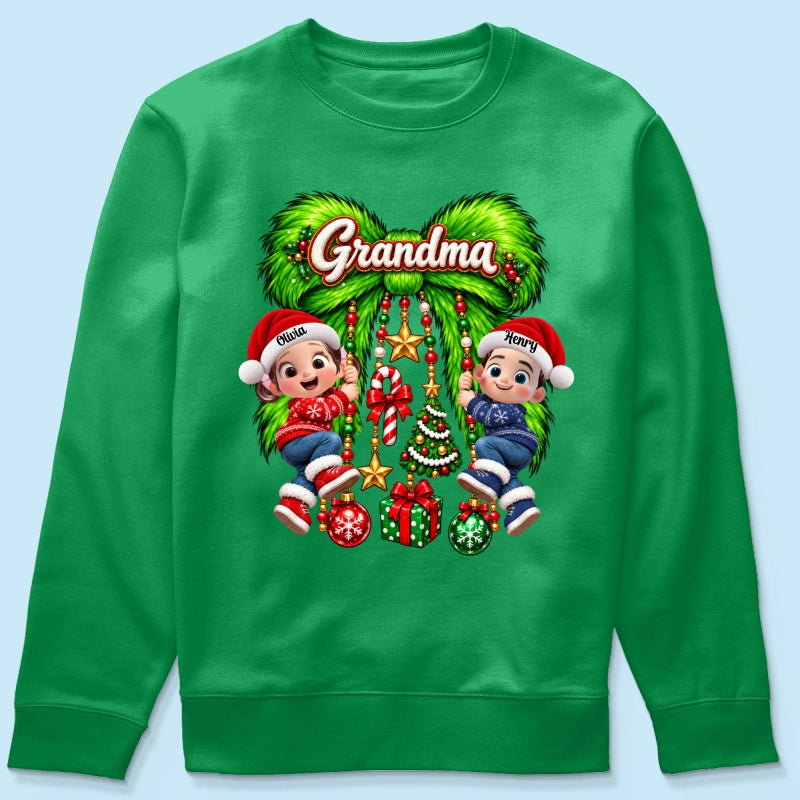 Cute Grandkids Green Bow Charm - Personalized Shirt - Trendy Christmas Tee for Grandma, Christmas Gift for Mom, Wife