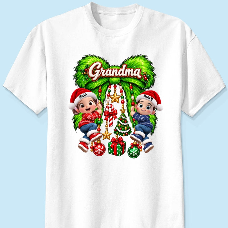 Cute Grandkids Green Bow Charm - Personalized Shirt - Trendy Christmas Tee for Grandma, Christmas Gift for Mom, Wife