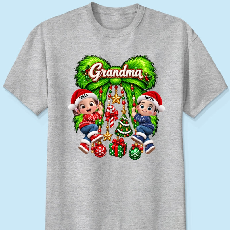 Cute Grandkids Green Bow Charm - Personalized Shirt - Trendy Christmas Tee for Grandma, Christmas Gift for Mom, Wife