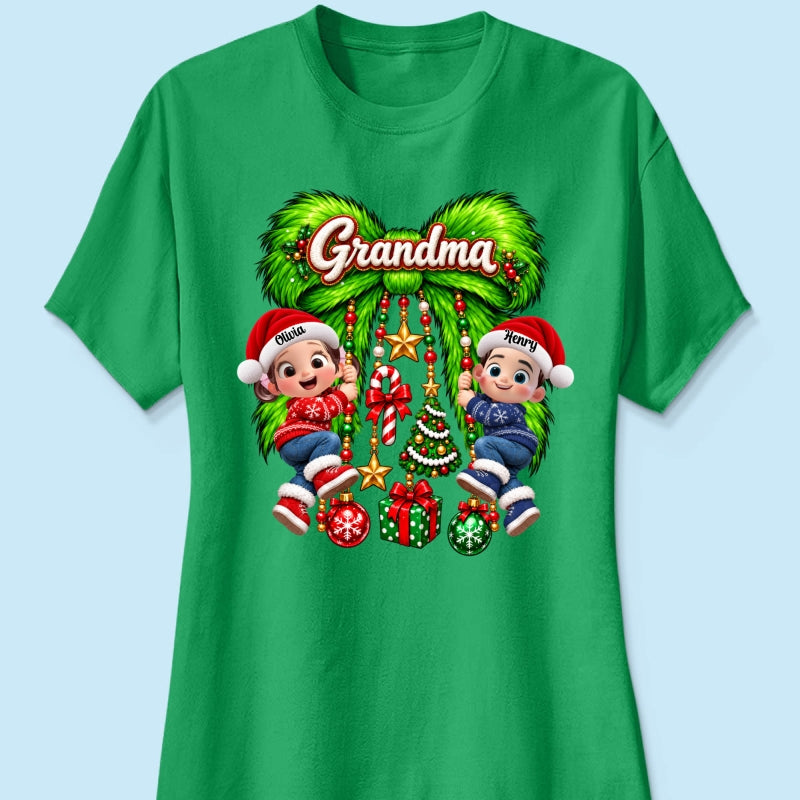 Cute Grandkids Green Bow Charm - Personalized Shirt - Trendy Christmas Tee for Grandma, Christmas Gift for Mom, Wife