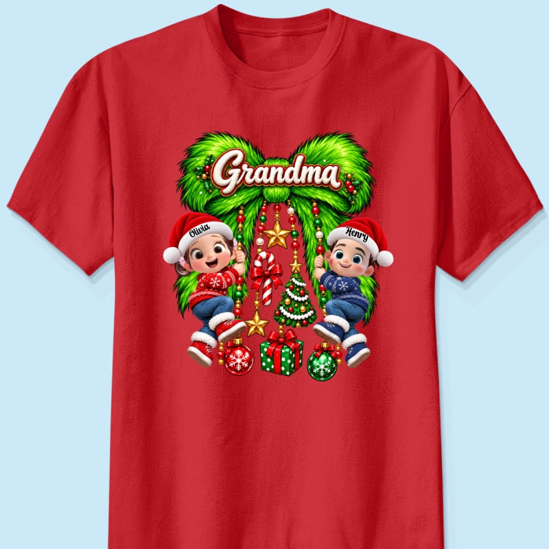 Cute Grandkids Green Bow Charm - Personalized Shirt - Trendy Christmas Tee for Grandma, Christmas Gift for Mom, Wife