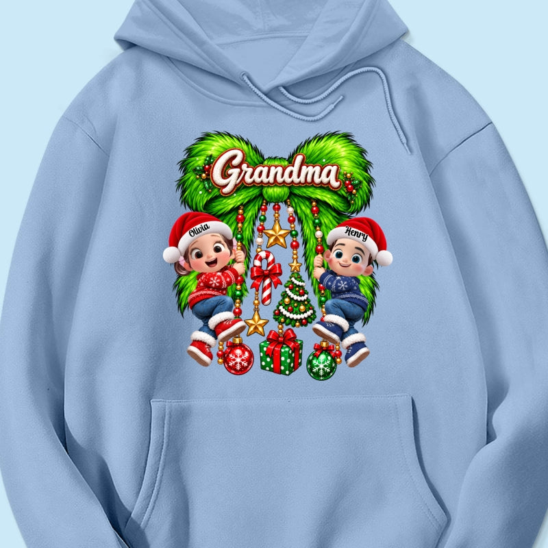 Cute Grandkids Green Bow Charm - Personalized Shirt - Trendy Christmas Tee for Grandma, Christmas Gift for Mom, Wife