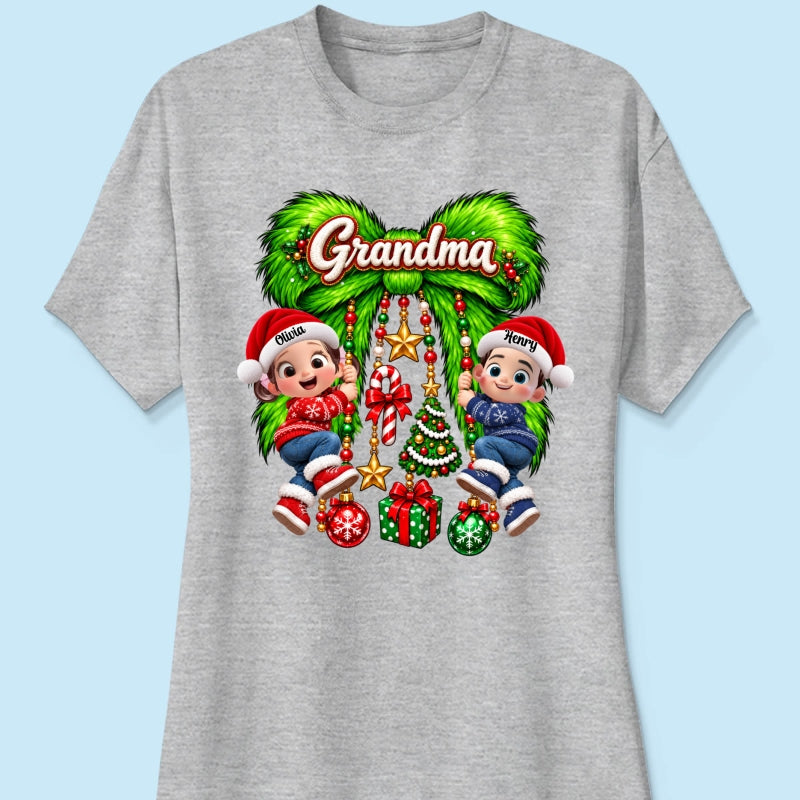 Cute Grandkids Green Bow Charm - Personalized Shirt - Trendy Christmas Tee for Grandma, Christmas Gift for Mom, Wife