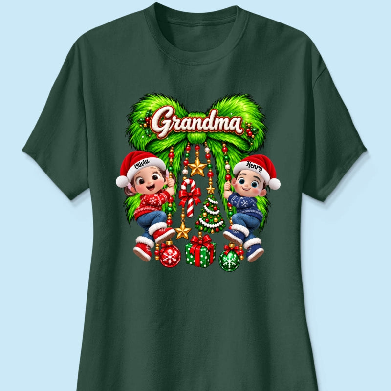 Cute Grandkids Green Bow Charm - Personalized Shirt - Trendy Christmas Tee for Grandma, Christmas Gift for Mom, Wife
