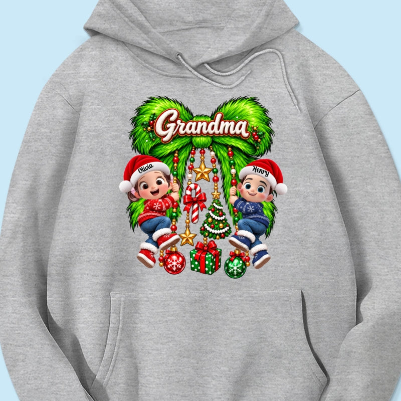 Cute Grandkids Green Bow Charm - Personalized Shirt - Trendy Christmas Tee for Grandma, Christmas Gift for Mom, Wife