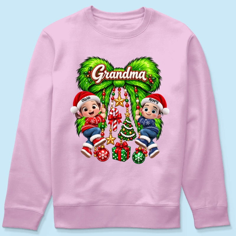 Cute Grandkids Green Bow Charm - Personalized Shirt - Trendy Christmas Tee for Grandma, Christmas Gift for Mom, Wife