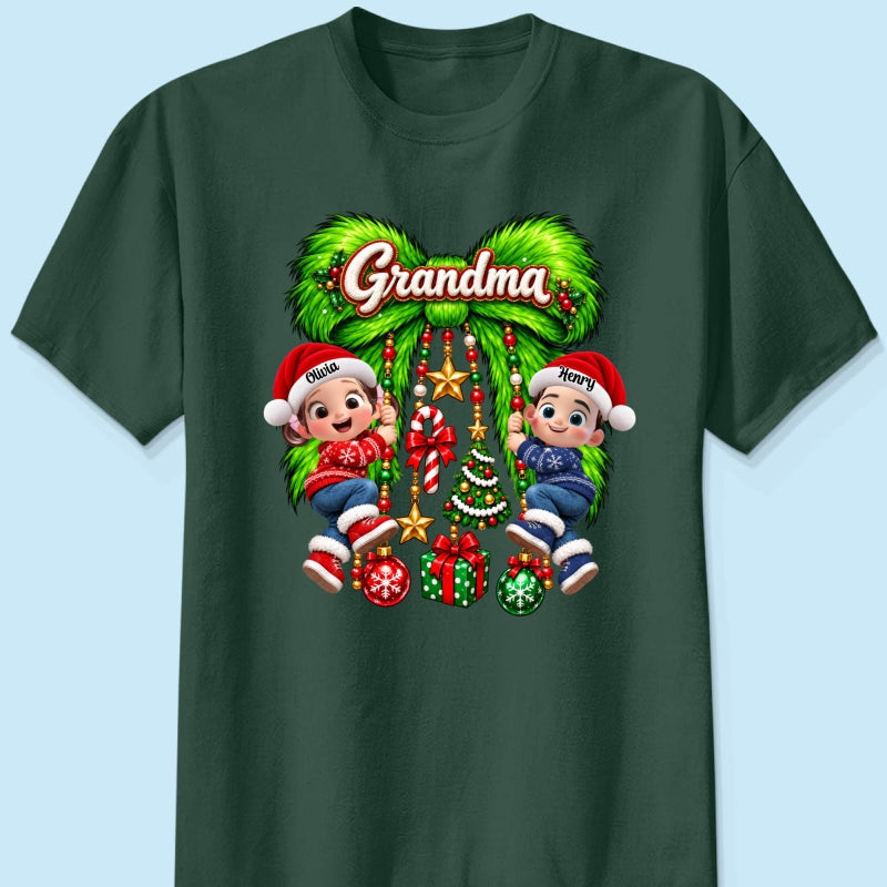 Cute Grandkids Green Bow Charm - Personalized Shirt - Trendy Christmas Tee for Grandma, Christmas Gift for Mom, Wife