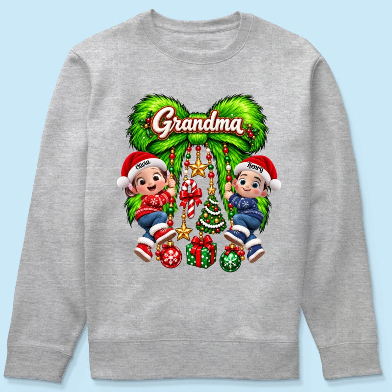 Cute Grandkids Green Bow Charm - Personalized Shirt - Trendy Christmas Tee for Grandma, Christmas Gift for Mom, Wife