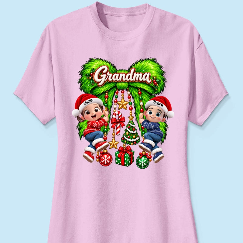 Cute Grandkids Green Bow Charm - Personalized Shirt - Trendy Christmas Tee for Grandma, Christmas Gift for Mom, Wife