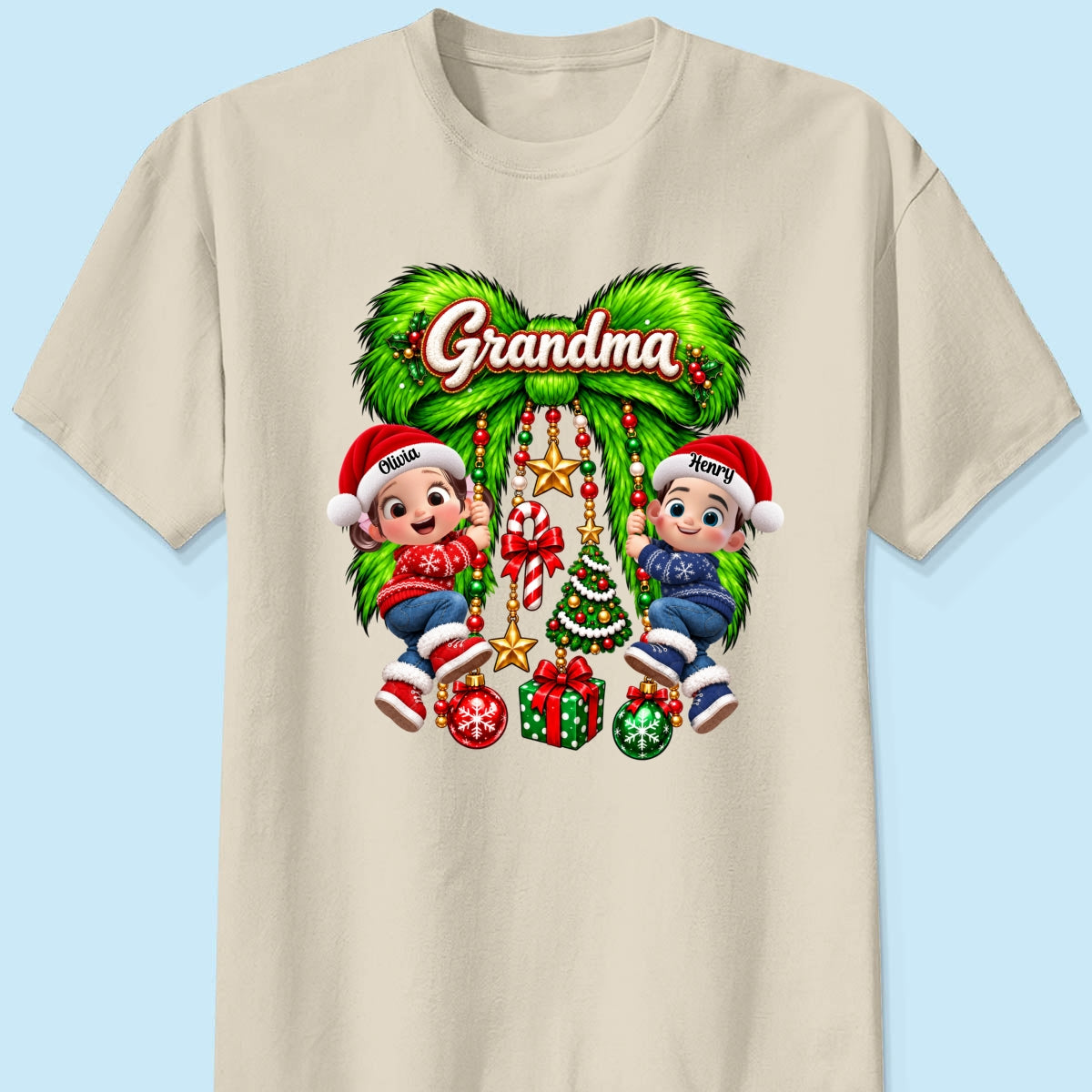 Cute Grandkids Green Bow Charm - Personalized Shirt - Trendy Christmas Tee for Grandma, Christmas Gift for Mom, Wife