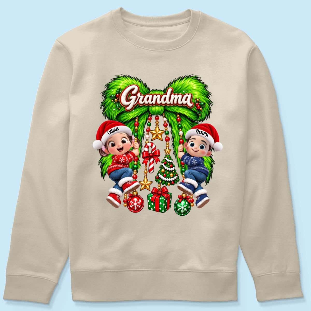 Cute Grandkids Green Bow Charm - Personalized Shirt - Trendy Christmas Tee for Grandma, Christmas Gift for Mom, Wife