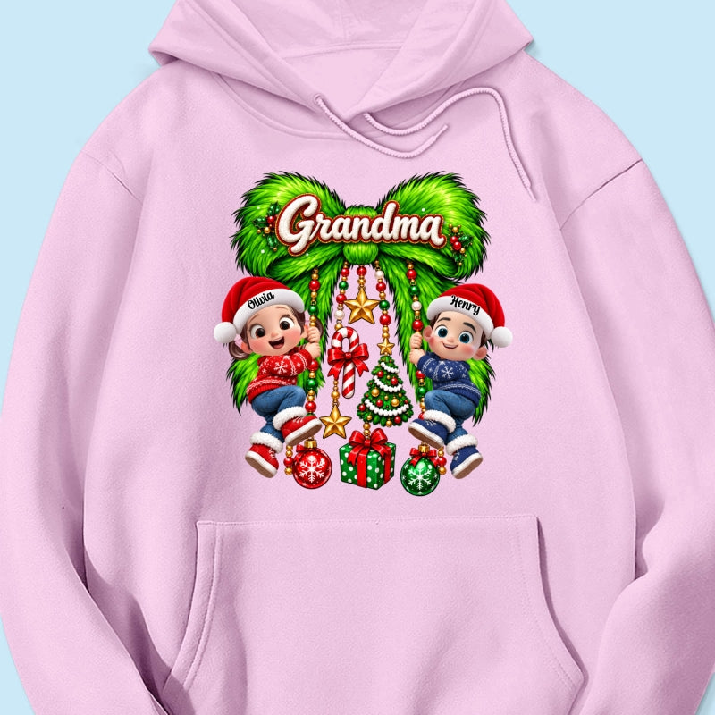 Cute Grandkids Green Bow Charm - Personalized Shirt - Trendy Christmas Tee for Grandma, Christmas Gift for Mom, Wife