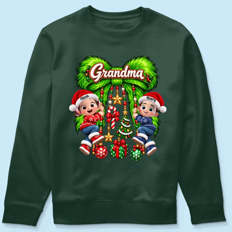 Cute Grandkids Green Bow Charm - Personalized Shirt - Trendy Christmas Tee for Grandma, Christmas Gift for Mom, Wife