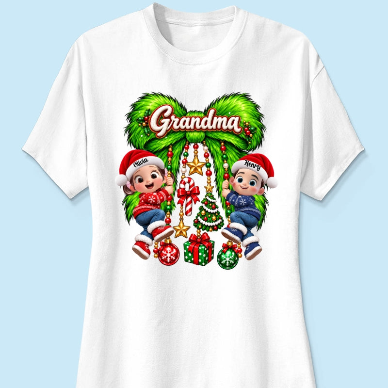 Cute Grandkids Green Bow Charm - Personalized Shirt - Trendy Christmas Tee for Grandma, Christmas Gift for Mom, Wife