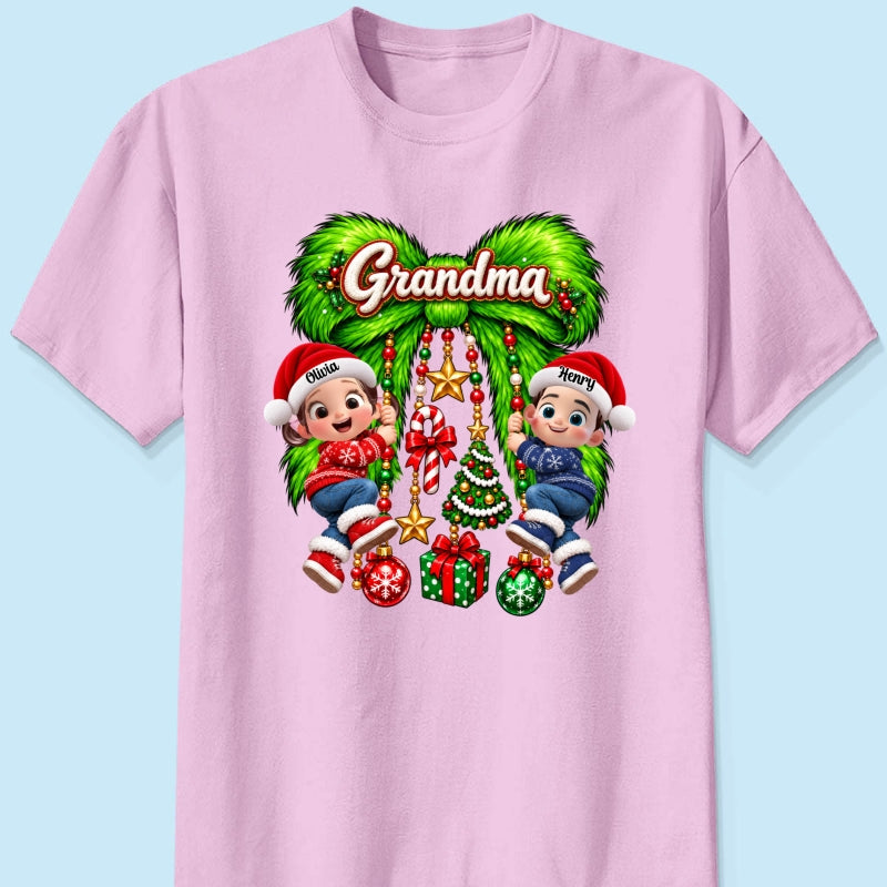 Cute Grandkids Green Bow Charm - Personalized Shirt - Trendy Christmas Tee for Grandma, Christmas Gift for Mom, Wife