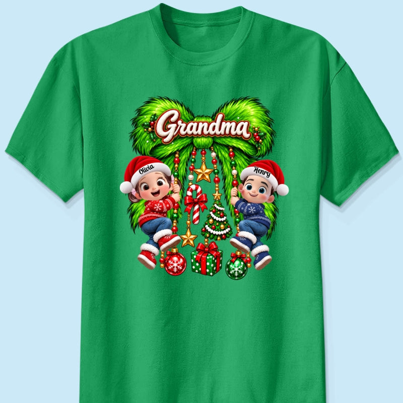 Cute Grandkids Green Bow Charm - Personalized Shirt - Trendy Christmas Tee for Grandma, Christmas Gift for Mom, Wife