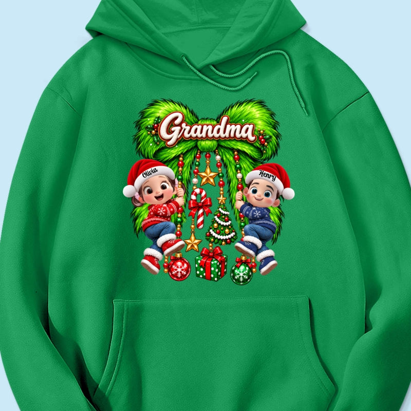 Cute Grandkids Green Bow Charm - Personalized Shirt - Trendy Christmas Tee for Grandma, Christmas Gift for Mom, Wife