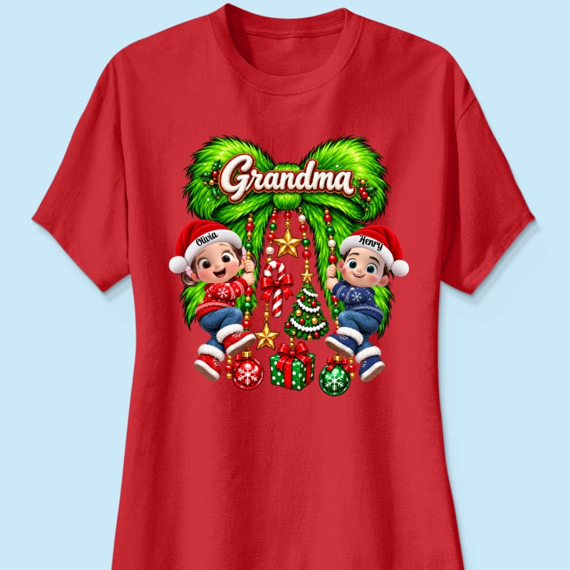 Cute Grandkids Green Bow Charm - Personalized Shirt - Trendy Christmas Tee for Grandma, Christmas Gift for Mom, Wife