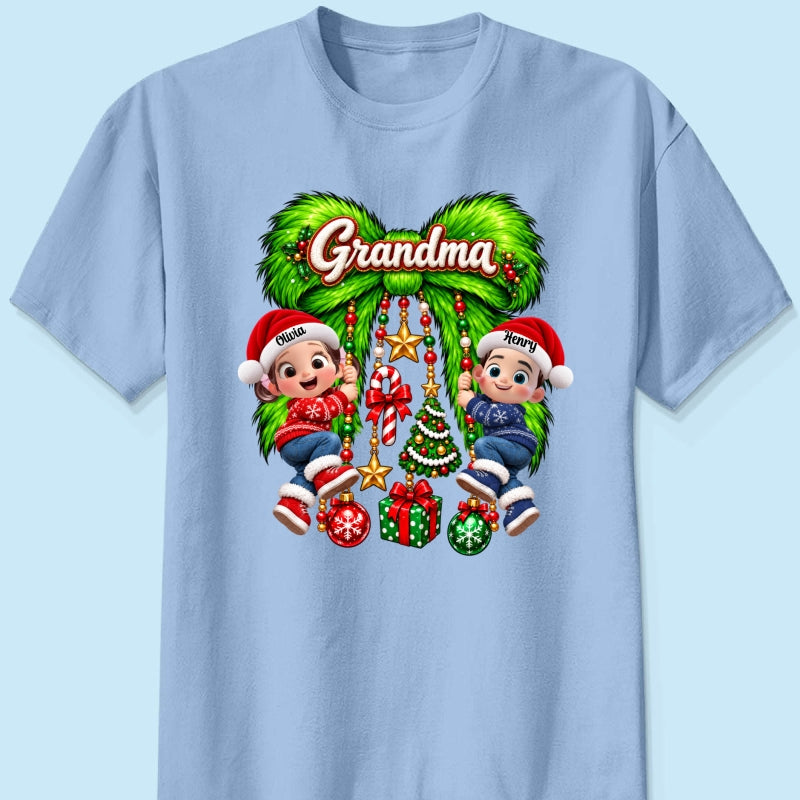 Cute Grandkids Green Bow Charm - Personalized Shirt - Trendy Christmas Tee for Grandma, Christmas Gift for Mom, Wife