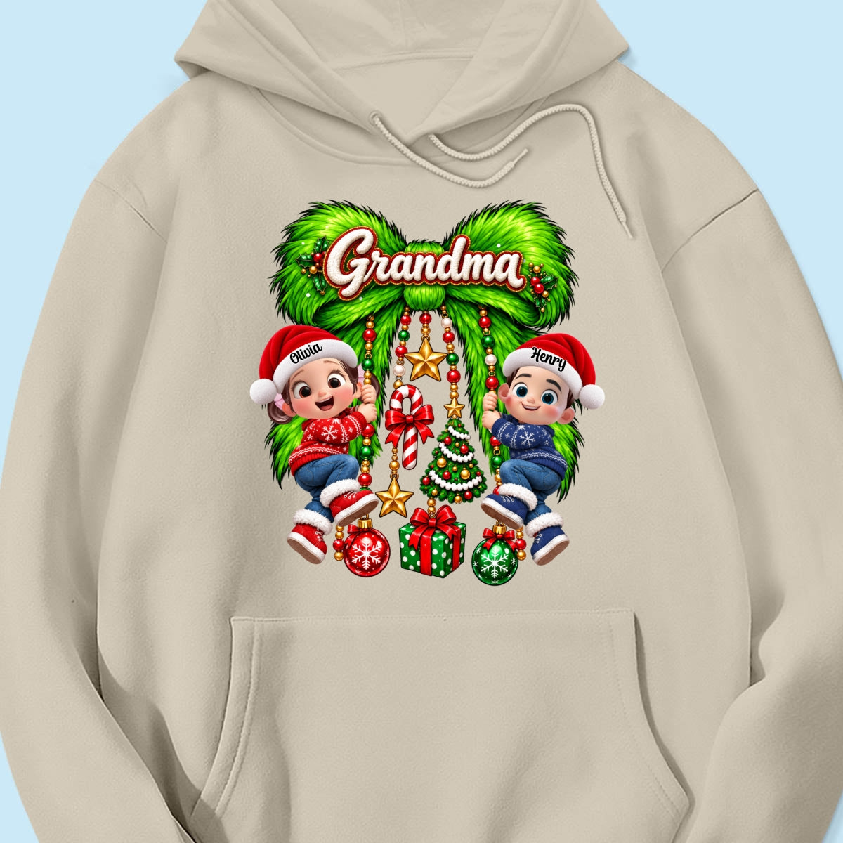 Cute Grandkids Green Bow Charm - Personalized Shirt - Trendy Christmas Tee for Grandma, Christmas Gift for Mom, Wife