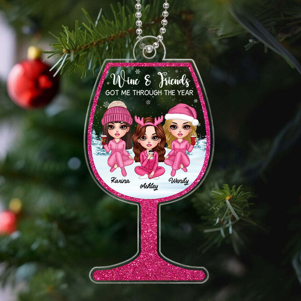 Wine Glass Pink Besties Sisters Personalized Acrylic Ornament, Christmas Gift