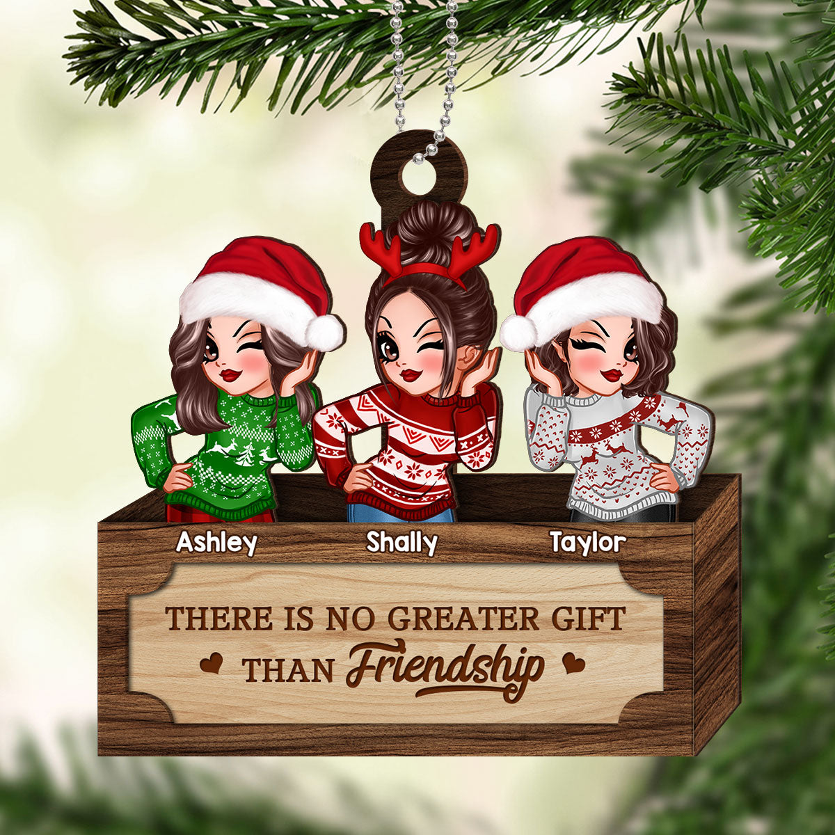 Christmas Besties Sister In Box Personalized 2-Layer Wooden Ornament
